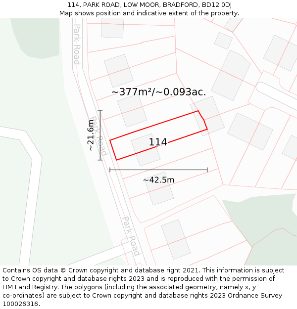 114, PARK ROAD, LOW MOOR, BRADFORD, BD12 0DJ: Plot and title map