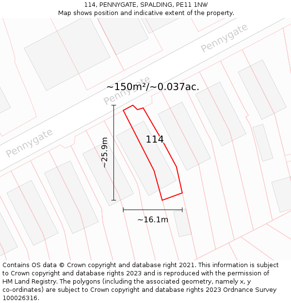 114, PENNYGATE, SPALDING, PE11 1NW: Plot and title map