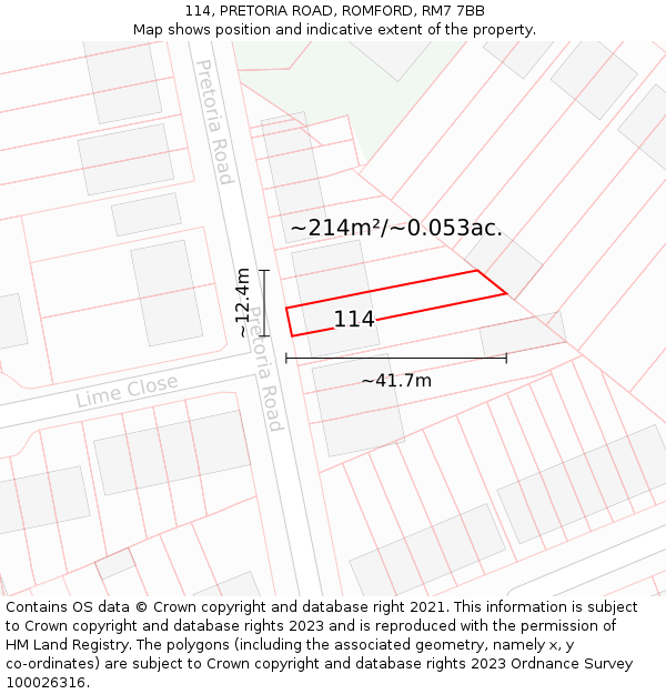 114, PRETORIA ROAD, ROMFORD, RM7 7BB: Plot and title map