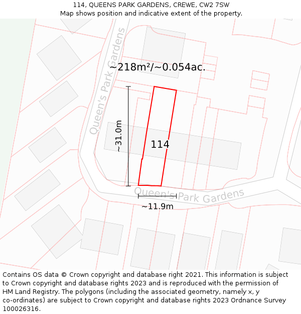 114, QUEENS PARK GARDENS, CREWE, CW2 7SW: Plot and title map