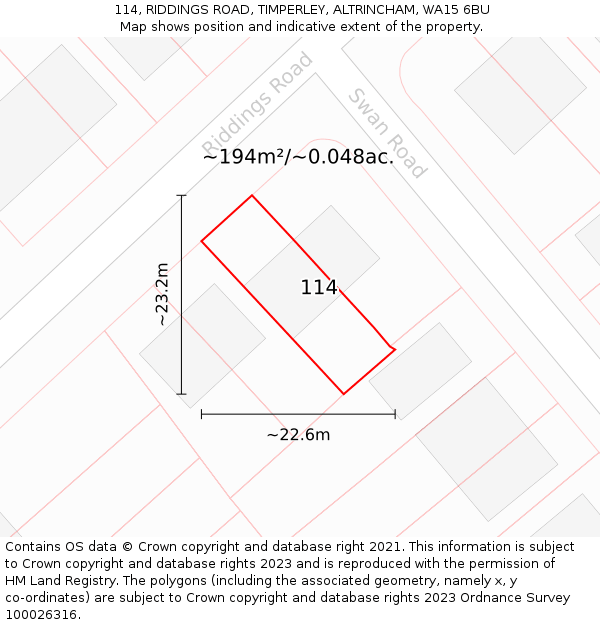 114, RIDDINGS ROAD, TIMPERLEY, ALTRINCHAM, WA15 6BU: Plot and title map