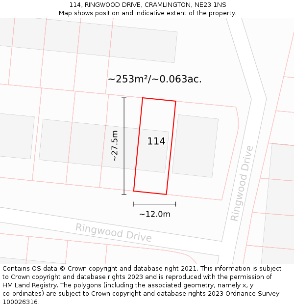 114, RINGWOOD DRIVE, CRAMLINGTON, NE23 1NS: Plot and title map