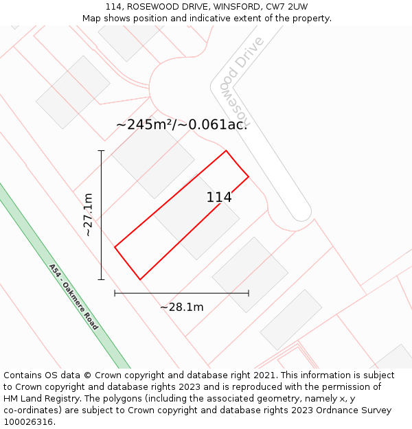 114, ROSEWOOD DRIVE, WINSFORD, CW7 2UW: Plot and title map