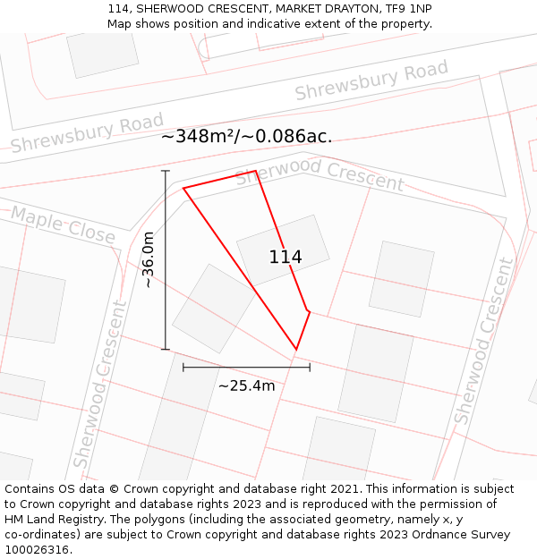 114, SHERWOOD CRESCENT, MARKET DRAYTON, TF9 1NP: Plot and title map