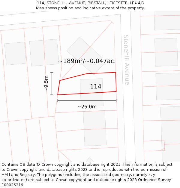 114, STONEHILL AVENUE, BIRSTALL, LEICESTER, LE4 4JD: Plot and title map