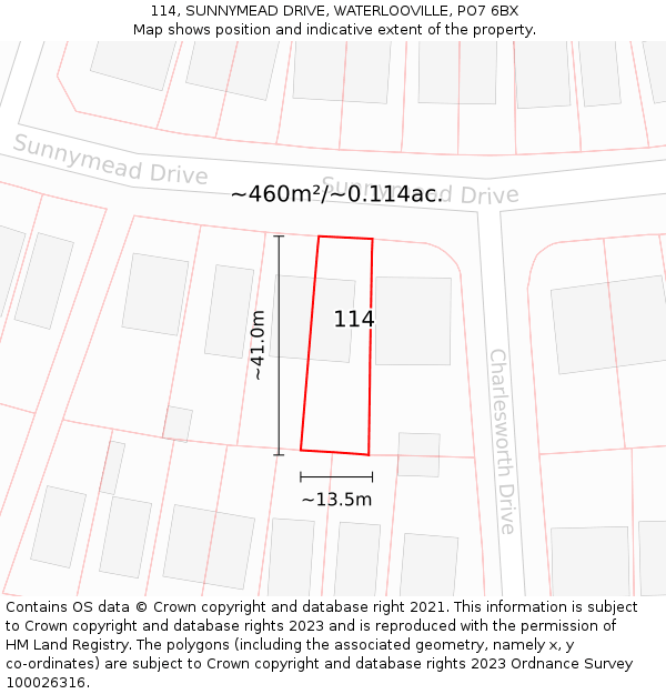 114, SUNNYMEAD DRIVE, WATERLOOVILLE, PO7 6BX: Plot and title map