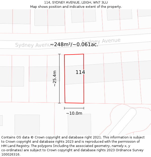 114, SYDNEY AVENUE, LEIGH, WN7 3LU: Plot and title map