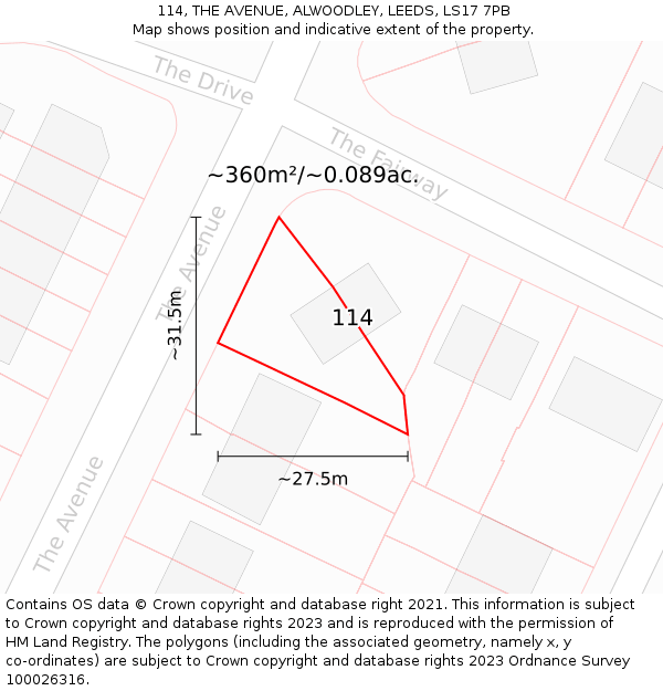 114, THE AVENUE, ALWOODLEY, LEEDS, LS17 7PB: Plot and title map