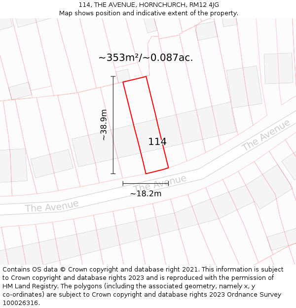 114, THE AVENUE, HORNCHURCH, RM12 4JG: Plot and title map