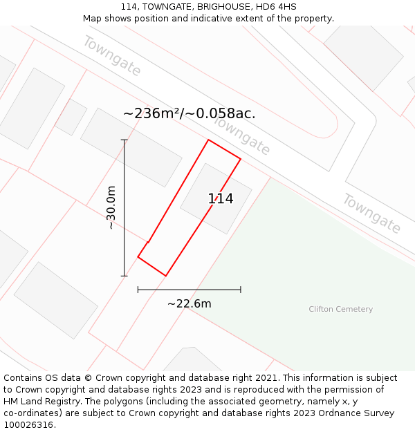 114, TOWNGATE, BRIGHOUSE, HD6 4HS: Plot and title map