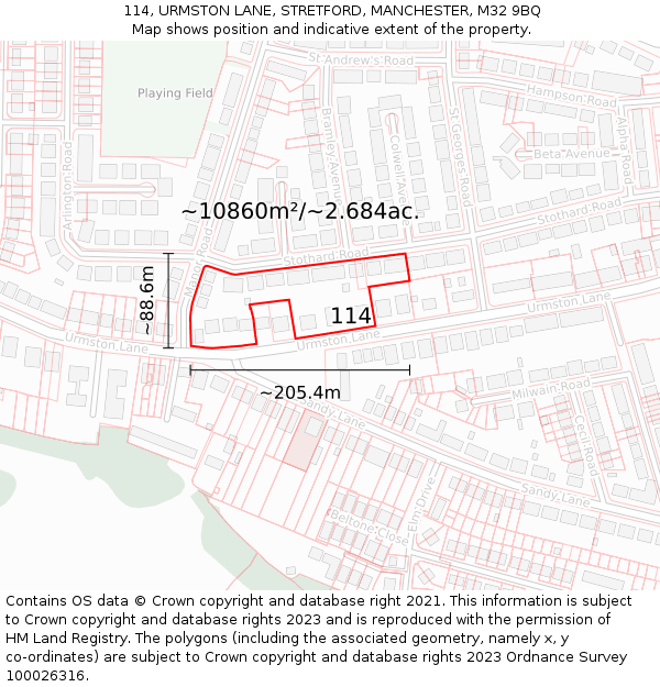 114, URMSTON LANE, STRETFORD, MANCHESTER, M32 9BQ: Plot and title map