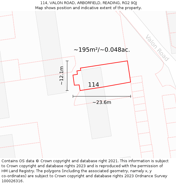 114, VALON ROAD, ARBORFIELD, READING, RG2 9QJ: Plot and title map