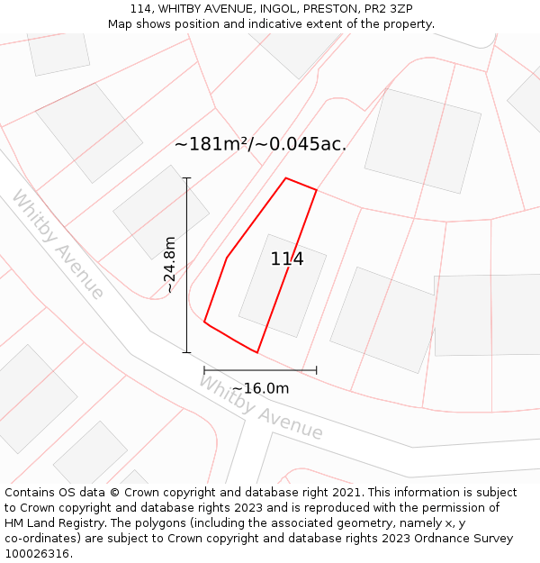 114, WHITBY AVENUE, INGOL, PRESTON, PR2 3ZP: Plot and title map