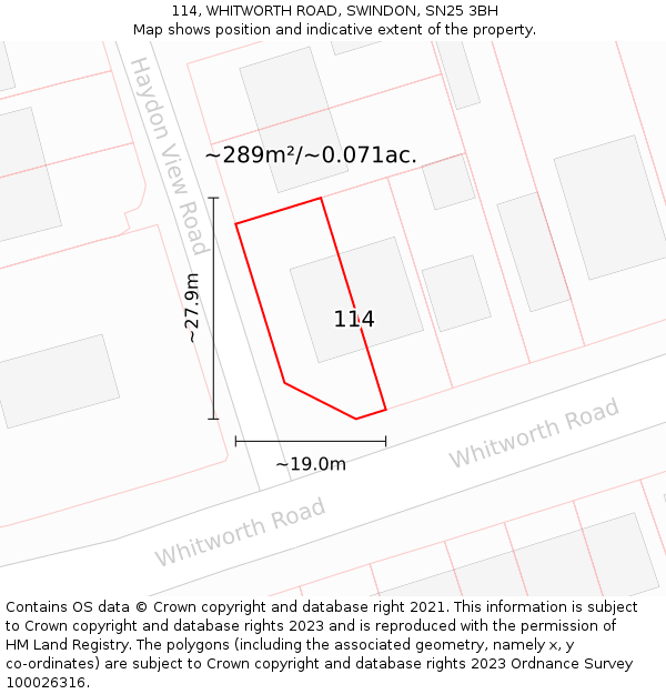 114, WHITWORTH ROAD, SWINDON, SN25 3BH: Plot and title map