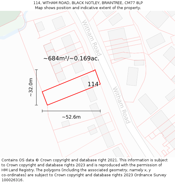 114, WITHAM ROAD, BLACK NOTLEY, BRAINTREE, CM77 8LP: Plot and title map