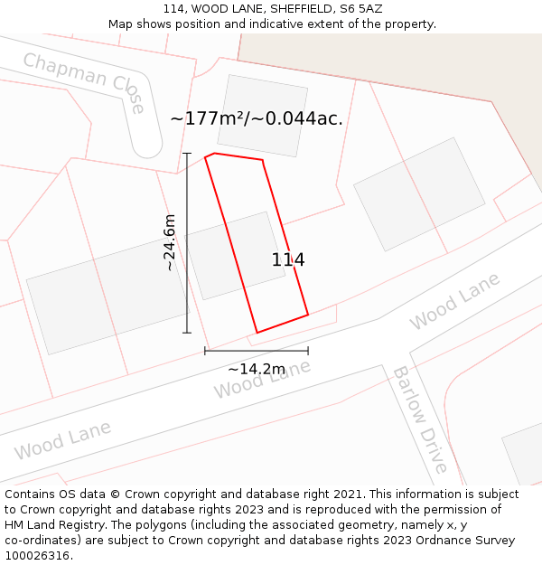 114, WOOD LANE, SHEFFIELD, S6 5AZ: Plot and title map