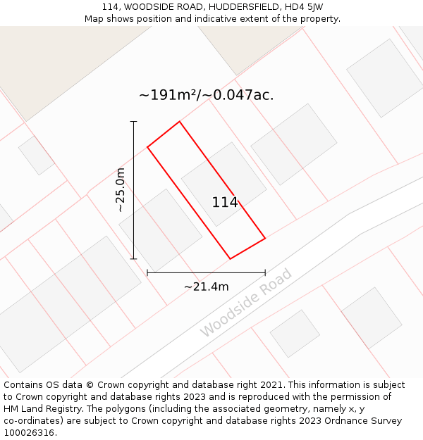 114, WOODSIDE ROAD, HUDDERSFIELD, HD4 5JW: Plot and title map