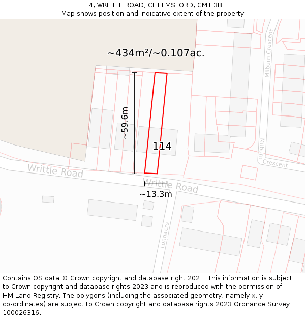 114, WRITTLE ROAD, CHELMSFORD, CM1 3BT: Plot and title map