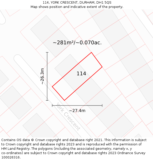 114, YORK CRESCENT, DURHAM, DH1 5QS: Plot and title map