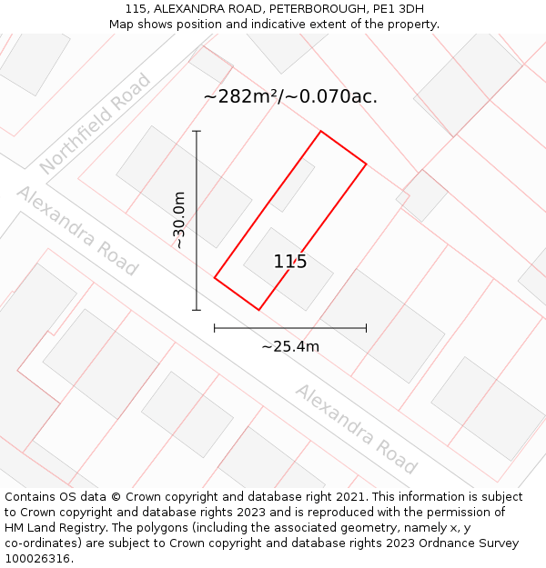 115, ALEXANDRA ROAD, PETERBOROUGH, PE1 3DH: Plot and title map