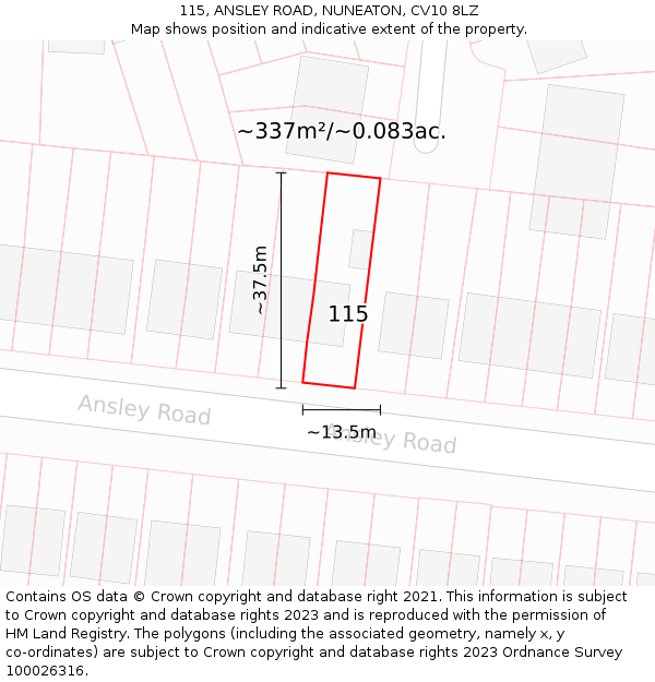 115, ANSLEY ROAD, NUNEATON, CV10 8LZ: Plot and title map