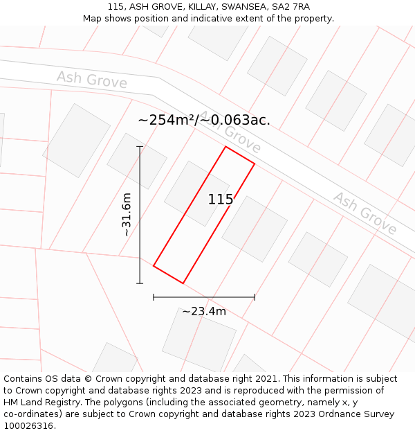 115, ASH GROVE, KILLAY, SWANSEA, SA2 7RA: Plot and title map