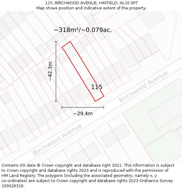 115, BIRCHWOOD AVENUE, HATFIELD, AL10 0PT: Plot and title map