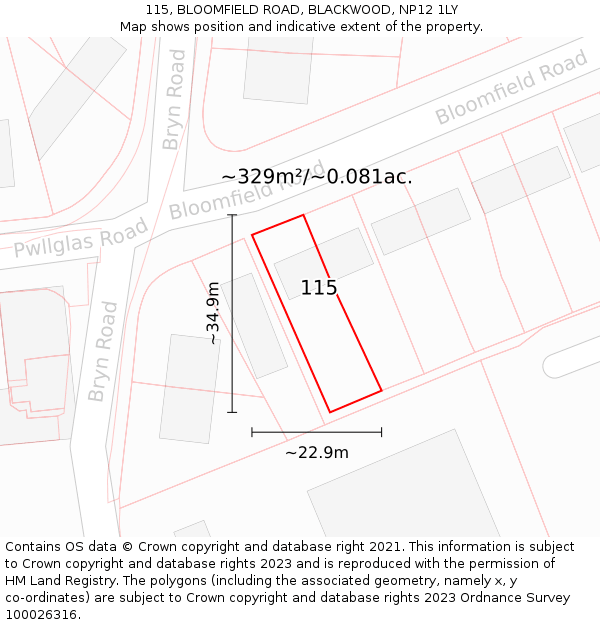 115, BLOOMFIELD ROAD, BLACKWOOD, NP12 1LY: Plot and title map