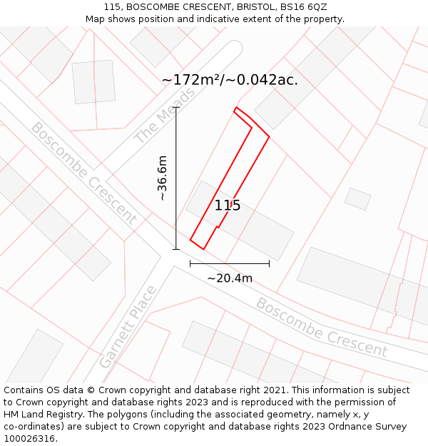 115, BOSCOMBE CRESCENT, BRISTOL, BS16 6QZ: Plot and title map