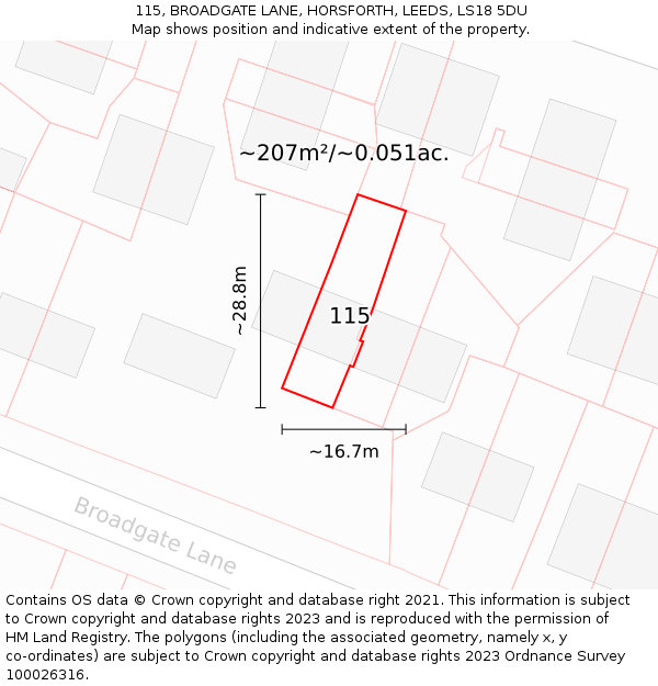 115, BROADGATE LANE, HORSFORTH, LEEDS, LS18 5DU: Plot and title map