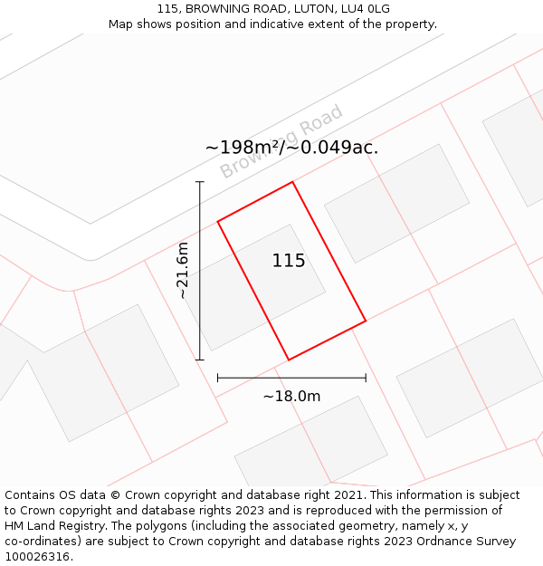 115, BROWNING ROAD, LUTON, LU4 0LG: Plot and title map