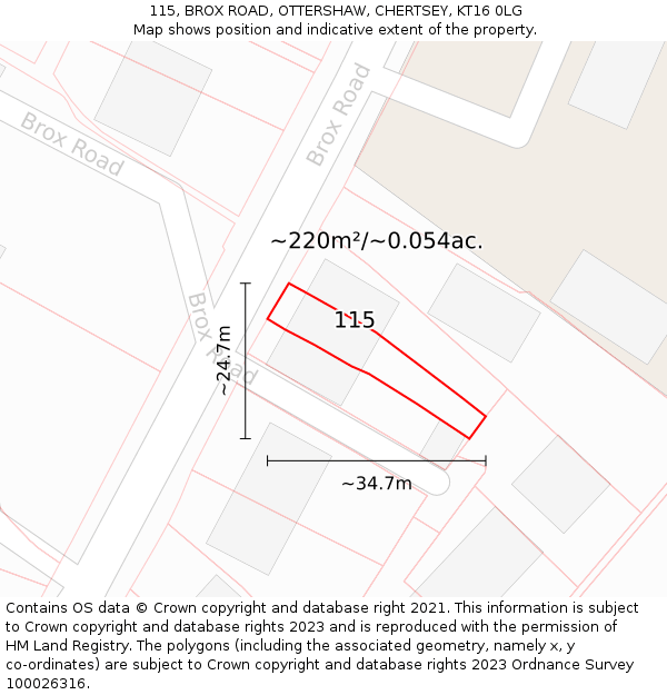 115, BROX ROAD, OTTERSHAW, CHERTSEY, KT16 0LG: Plot and title map