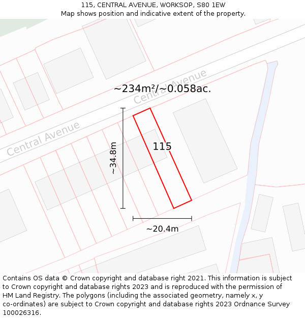 115, CENTRAL AVENUE, WORKSOP, S80 1EW: Plot and title map