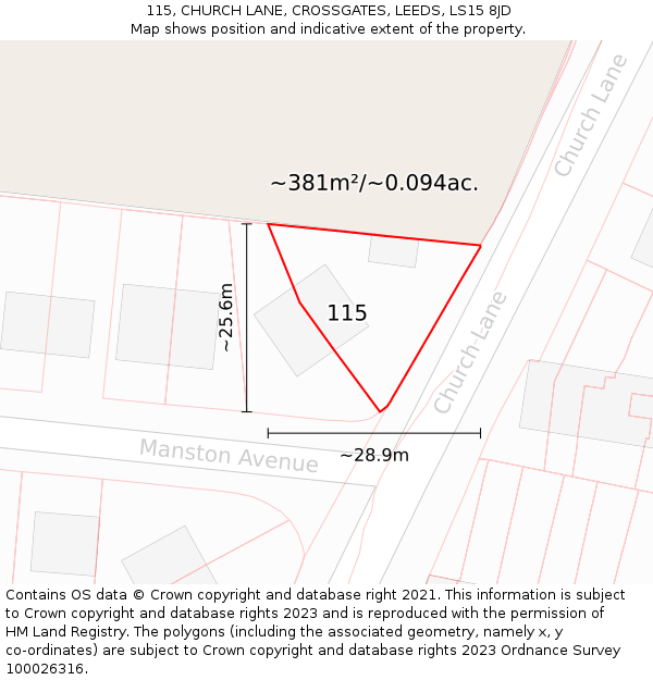 115, CHURCH LANE, CROSSGATES, LEEDS, LS15 8JD: Plot and title map