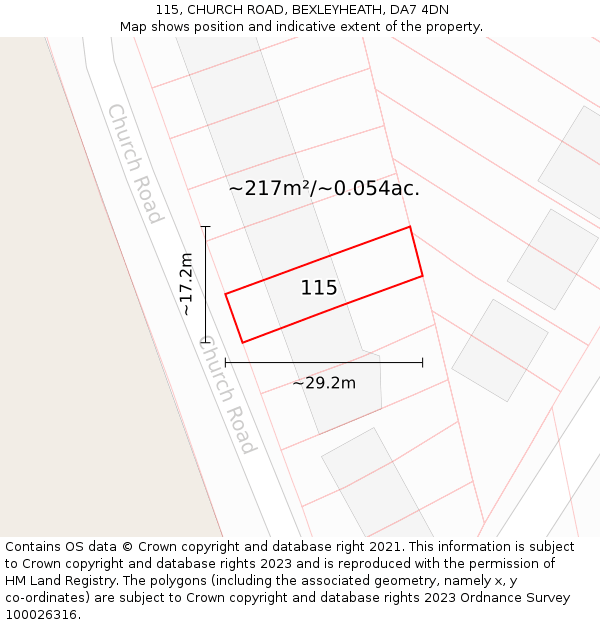 115, CHURCH ROAD, BEXLEYHEATH, DA7 4DN: Plot and title map