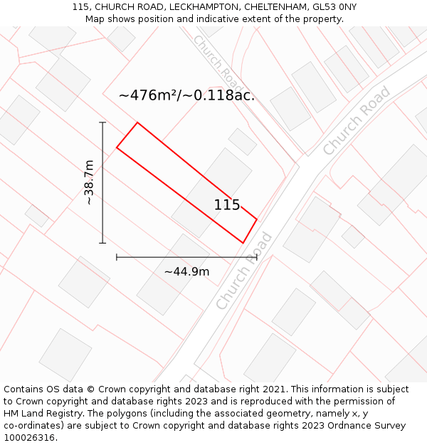 115, CHURCH ROAD, LECKHAMPTON, CHELTENHAM, GL53 0NY: Plot and title map