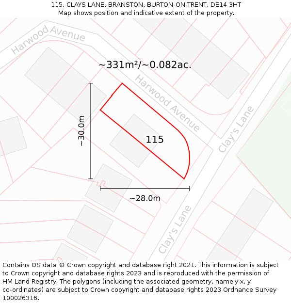 115, CLAYS LANE, BRANSTON, BURTON-ON-TRENT, DE14 3HT: Plot and title map