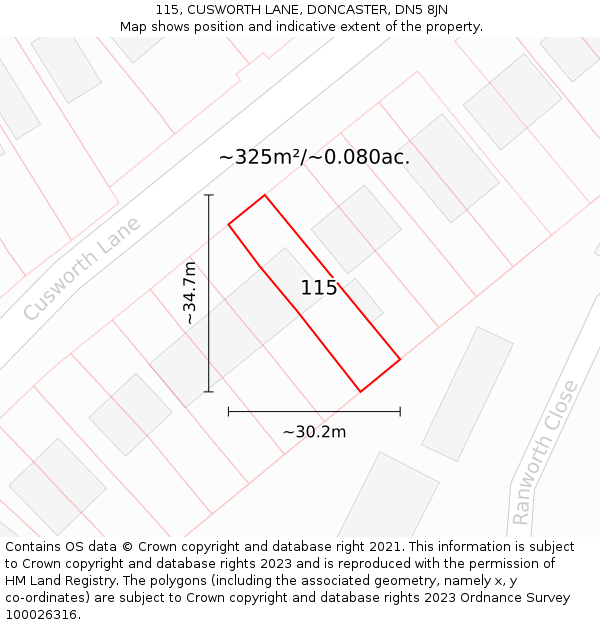 115, CUSWORTH LANE, DONCASTER, DN5 8JN: Plot and title map