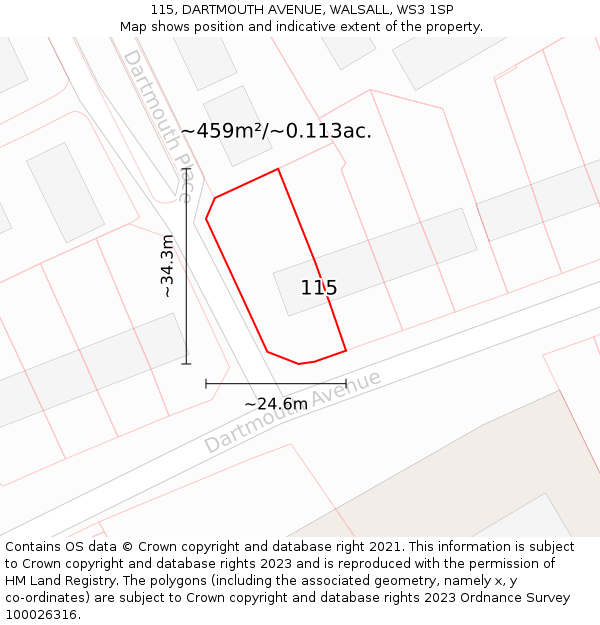 115, DARTMOUTH AVENUE, WALSALL, WS3 1SP: Plot and title map