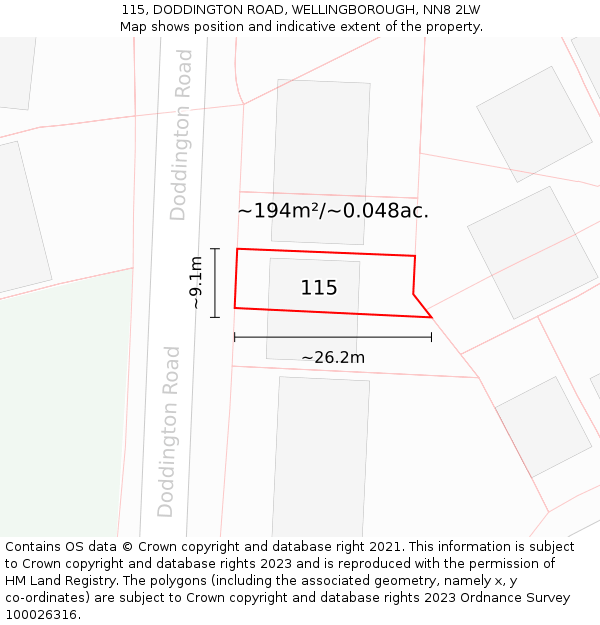 115, DODDINGTON ROAD, WELLINGBOROUGH, NN8 2LW: Plot and title map