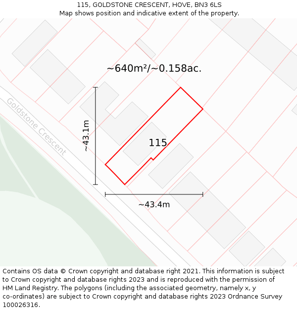 115, GOLDSTONE CRESCENT, HOVE, BN3 6LS: Plot and title map