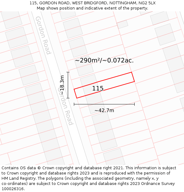 115, GORDON ROAD, WEST BRIDGFORD, NOTTINGHAM, NG2 5LX: Plot and title map