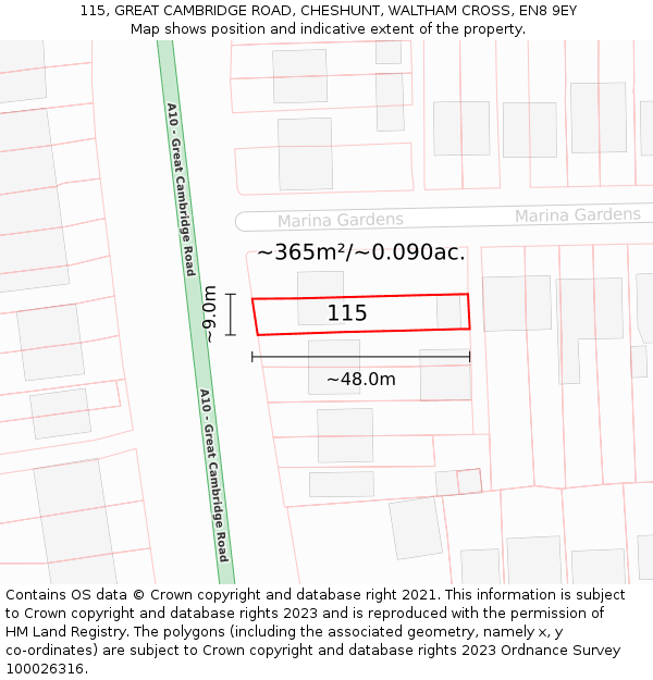 115, GREAT CAMBRIDGE ROAD, CHESHUNT, WALTHAM CROSS, EN8 9EY: Plot and title map