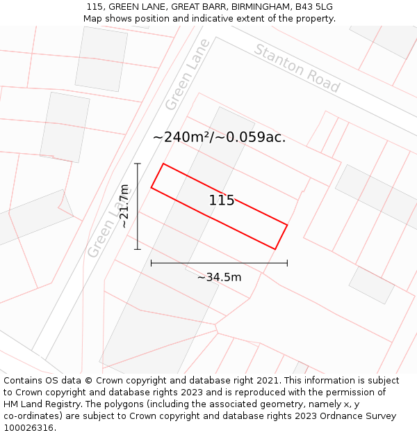 115, GREEN LANE, GREAT BARR, BIRMINGHAM, B43 5LG: Plot and title map