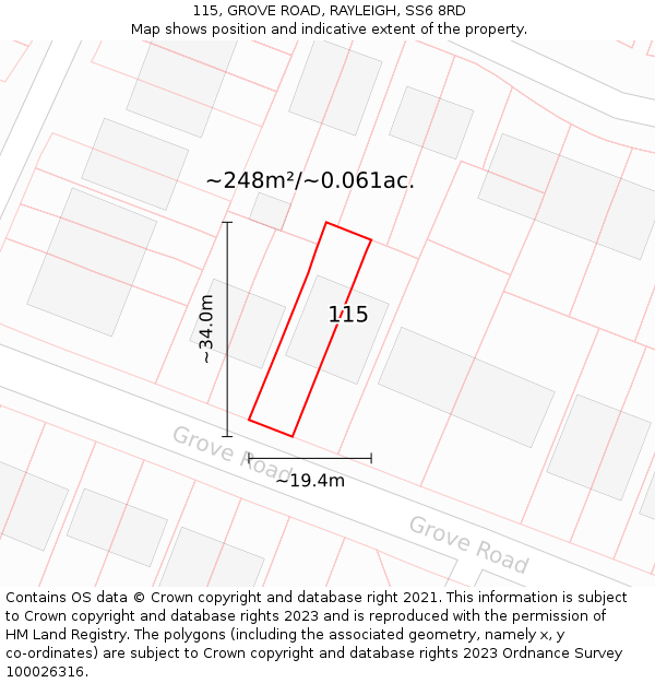 115, GROVE ROAD, RAYLEIGH, SS6 8RD: Plot and title map