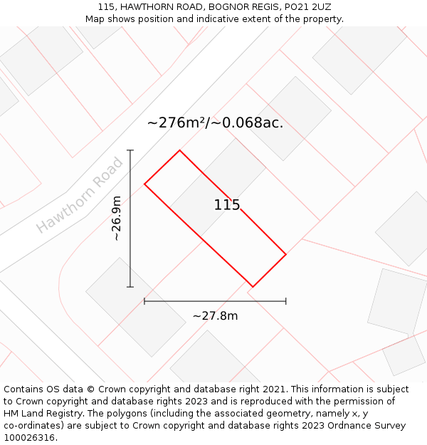 115, HAWTHORN ROAD, BOGNOR REGIS, PO21 2UZ: Plot and title map