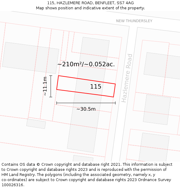 115, HAZLEMERE ROAD, BENFLEET, SS7 4AG: Plot and title map