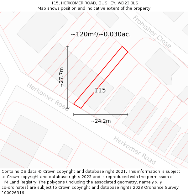 115, HERKOMER ROAD, BUSHEY, WD23 3LS: Plot and title map