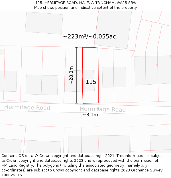 115, HERMITAGE ROAD, HALE, ALTRINCHAM, WA15 8BW: Plot and title map