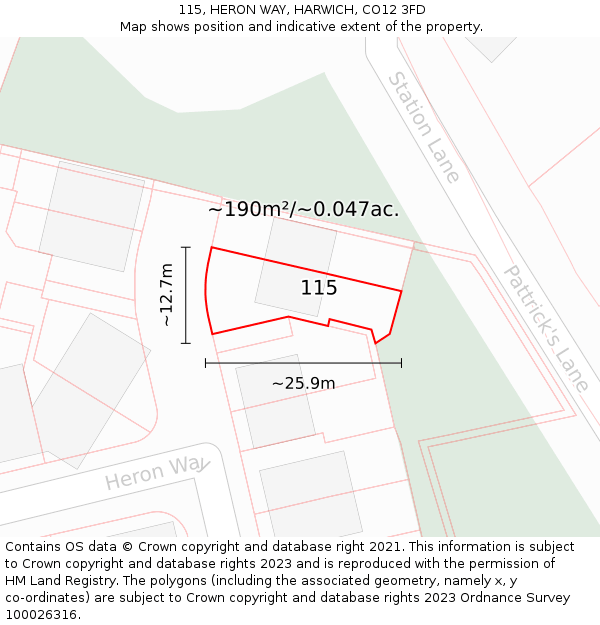 115, HERON WAY, HARWICH, CO12 3FD: Plot and title map